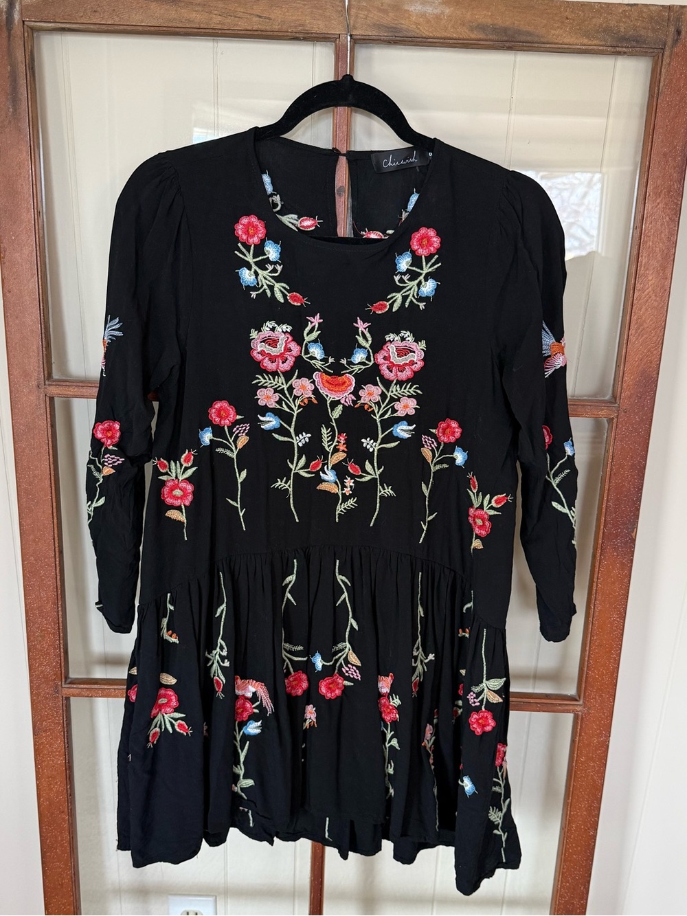 Chicwish Black Floral Embroidery Babydoll Mini Dress Boho Folk Cottagecore Small